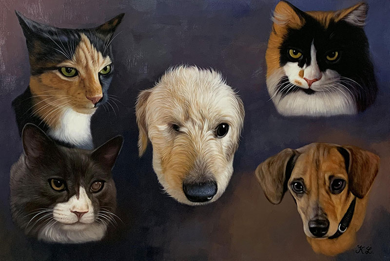 Painting of a calico cat, a black and white cat, a golden doodle, and a dachshund.