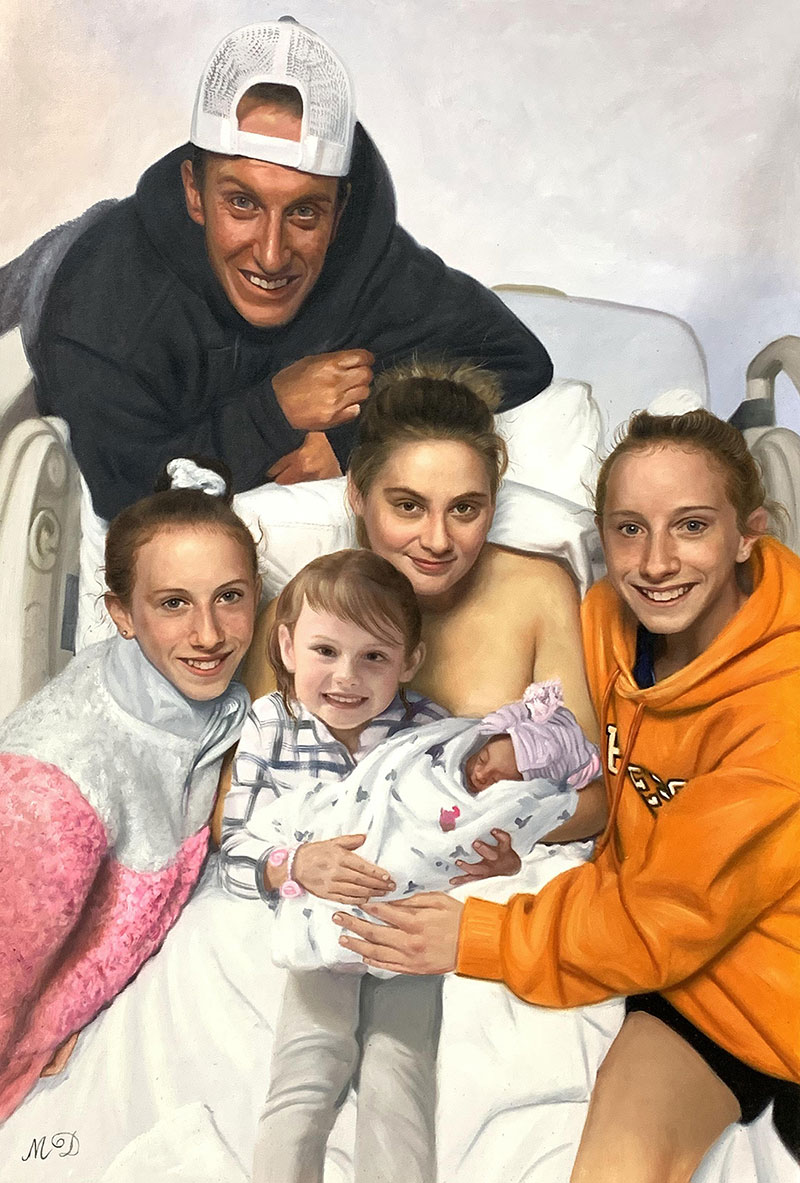 Beautiful oil painting of a family with a newborn baby
