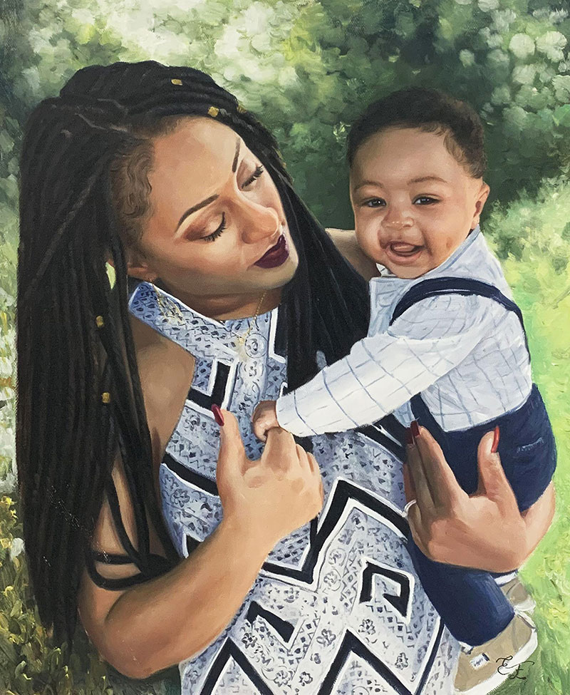 Gorgeous handmade oil painting of a mother and son