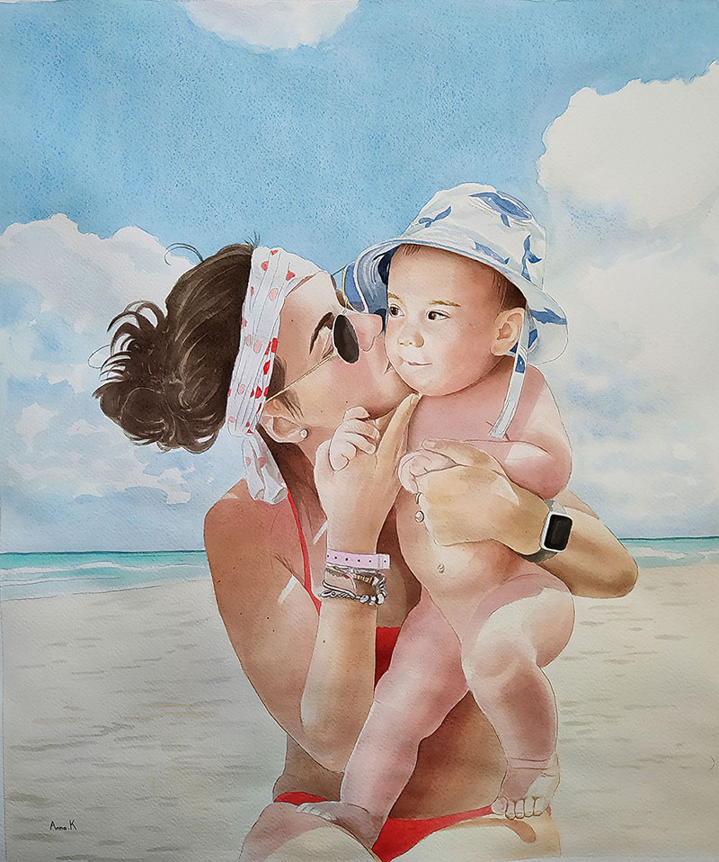 Beautiful watercolor painting of a mother and son