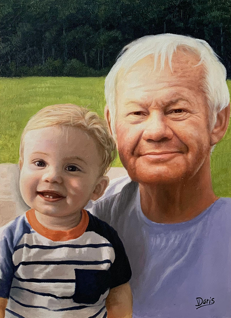Beautiful handmade oil painting of a grandfather and a baby
