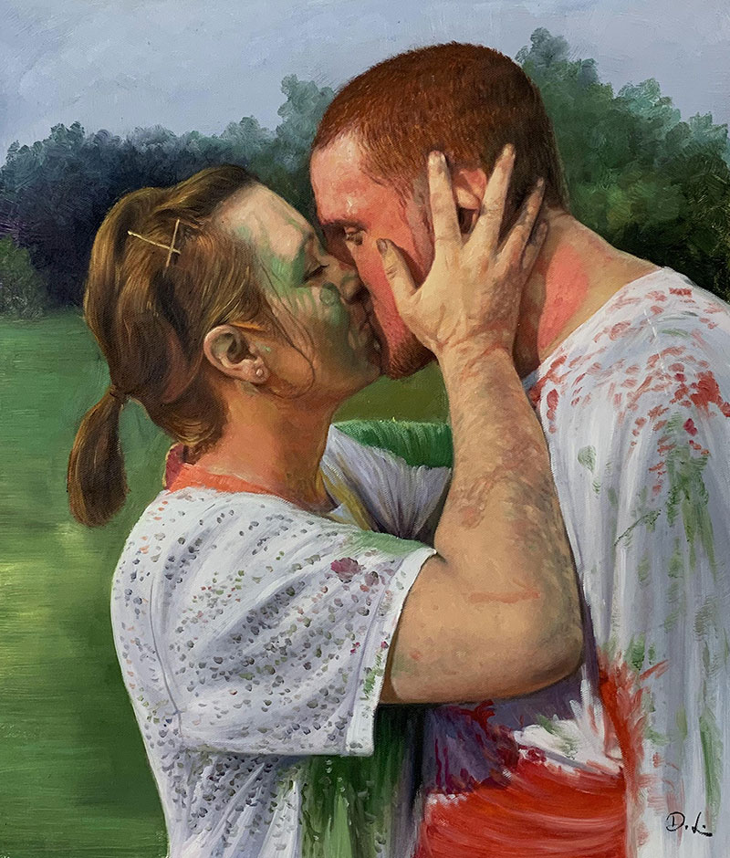 Beautiful handmade oil painting of a kissing couple