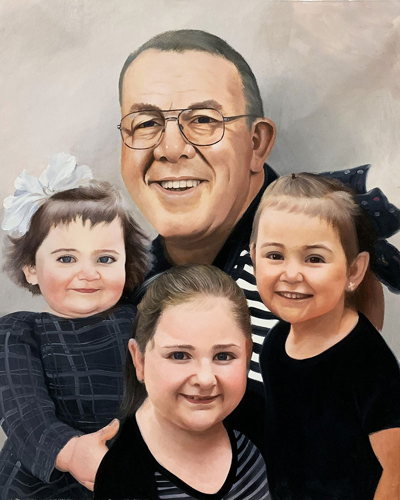 Personalized oil painting of a grandfather with kids