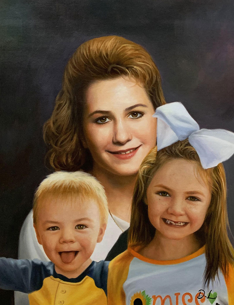 Painted portrait of a mother with her young son and daughter.