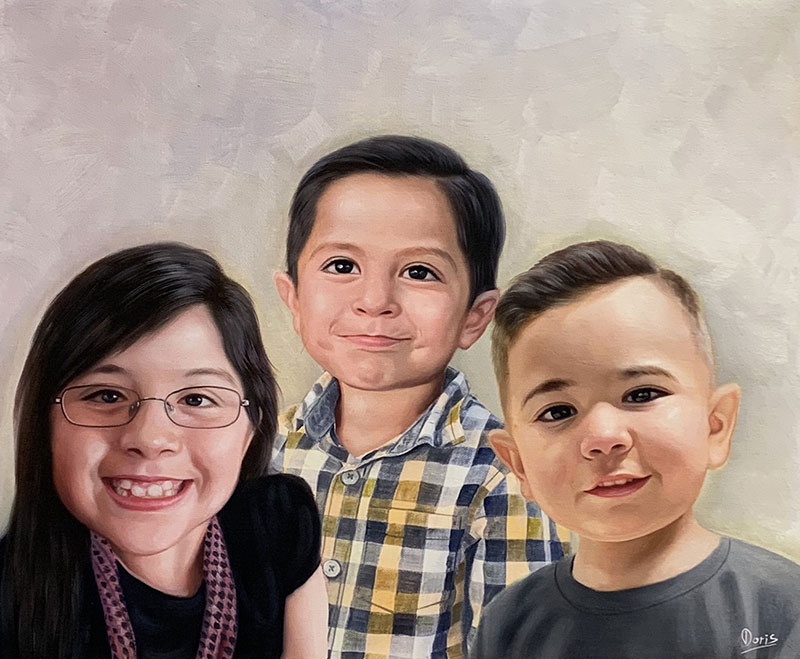 Custom oil painting of three kids