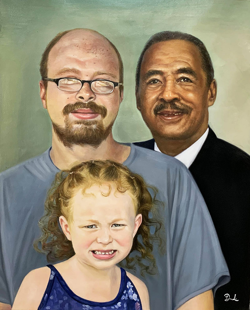 Oil painting portrait of a man, a girl, and an older man.