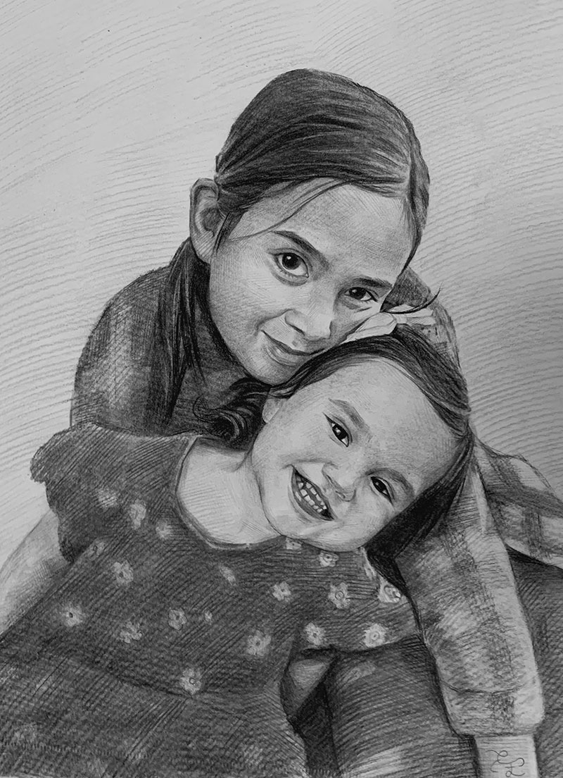 Beautiful charcoal painting of the two children