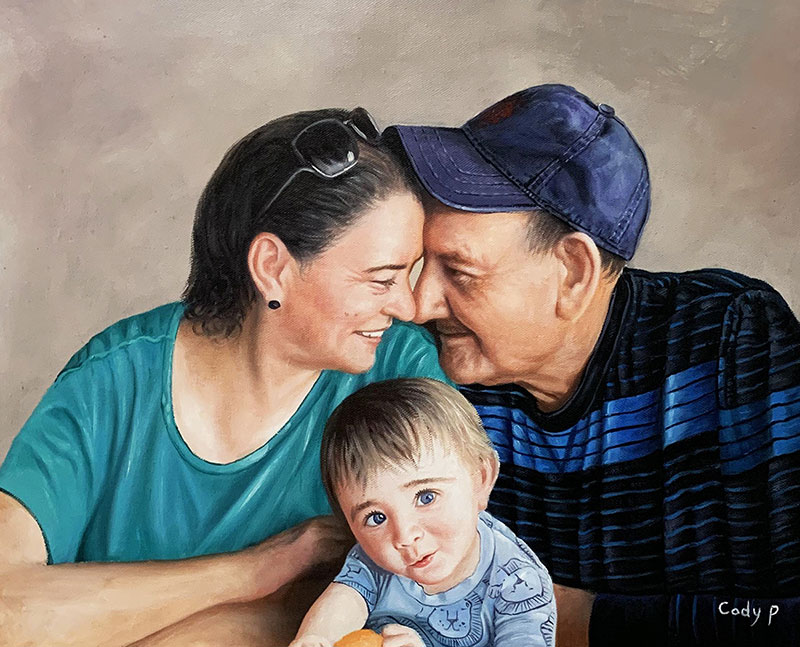 Beautiful oil painting of a loving couple with a baby