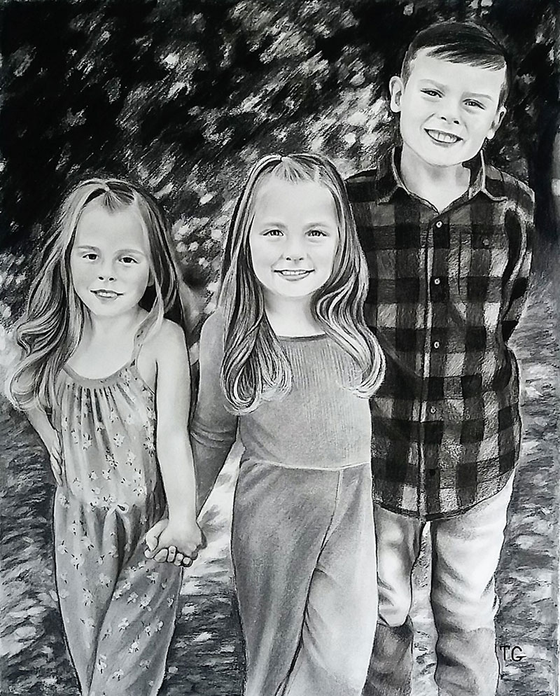 Beautiful charcoal painting of three kids