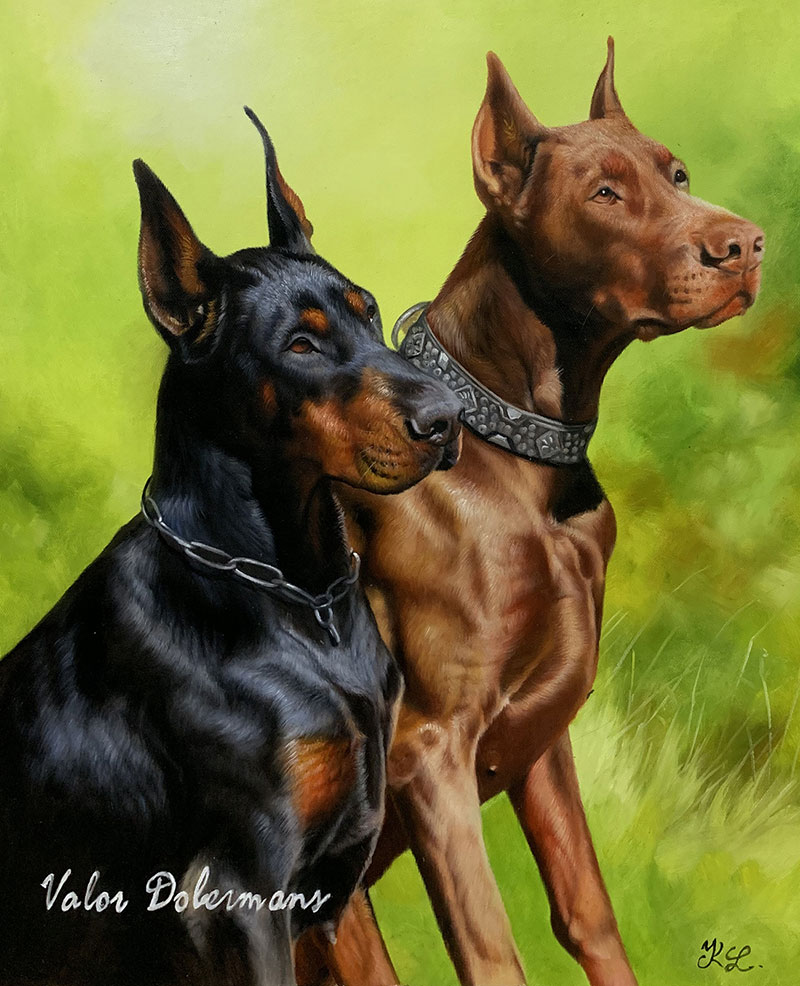 Painting of two Doberman Pinschers, one black and one brown, sitting side-by-side.