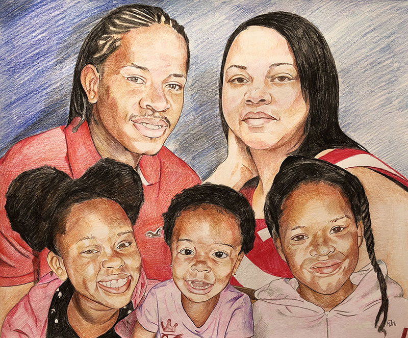 Custom color pencil painting of a couple with three kids