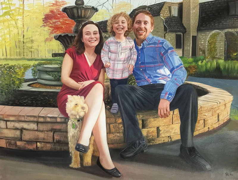 Gorgeous oil artwork of a happy family with a pet