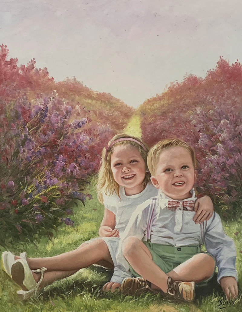 Gorgeous handmade oil painting of siblings