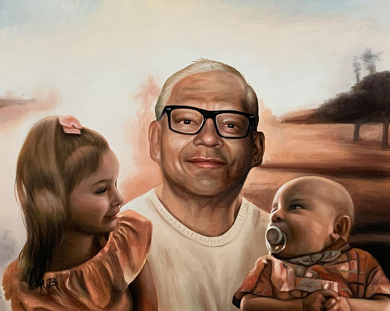Custom oil artwork of a man with two kids