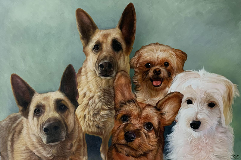 Beautiful oil painting of multiple pets 