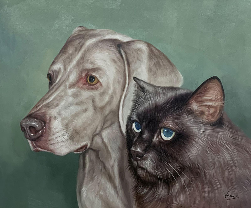 Custom oil artwork of a dog and a at