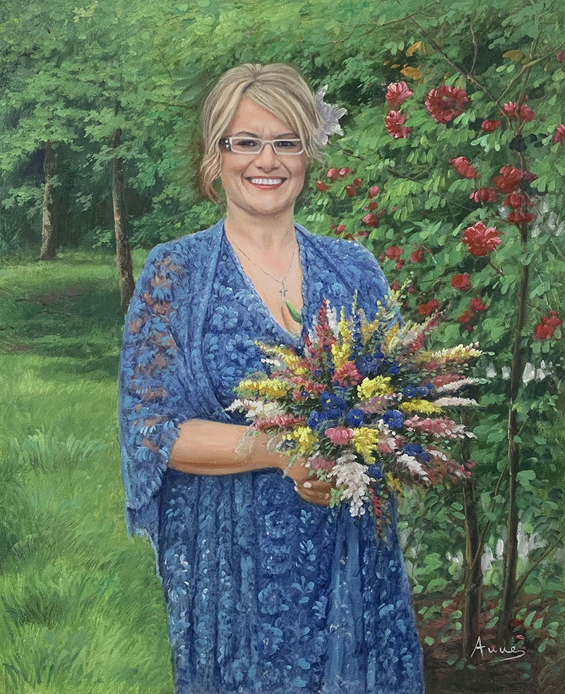 Stunning oil painting of a woman with flower bouquet