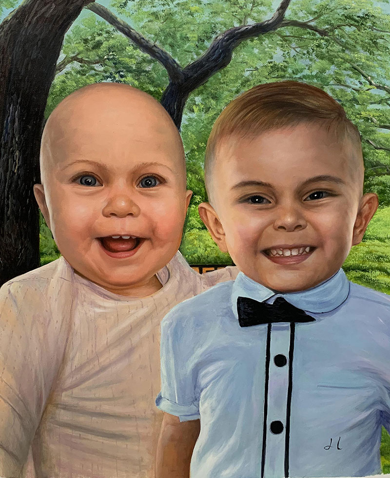 Personalized handmade oil painting of two babies
