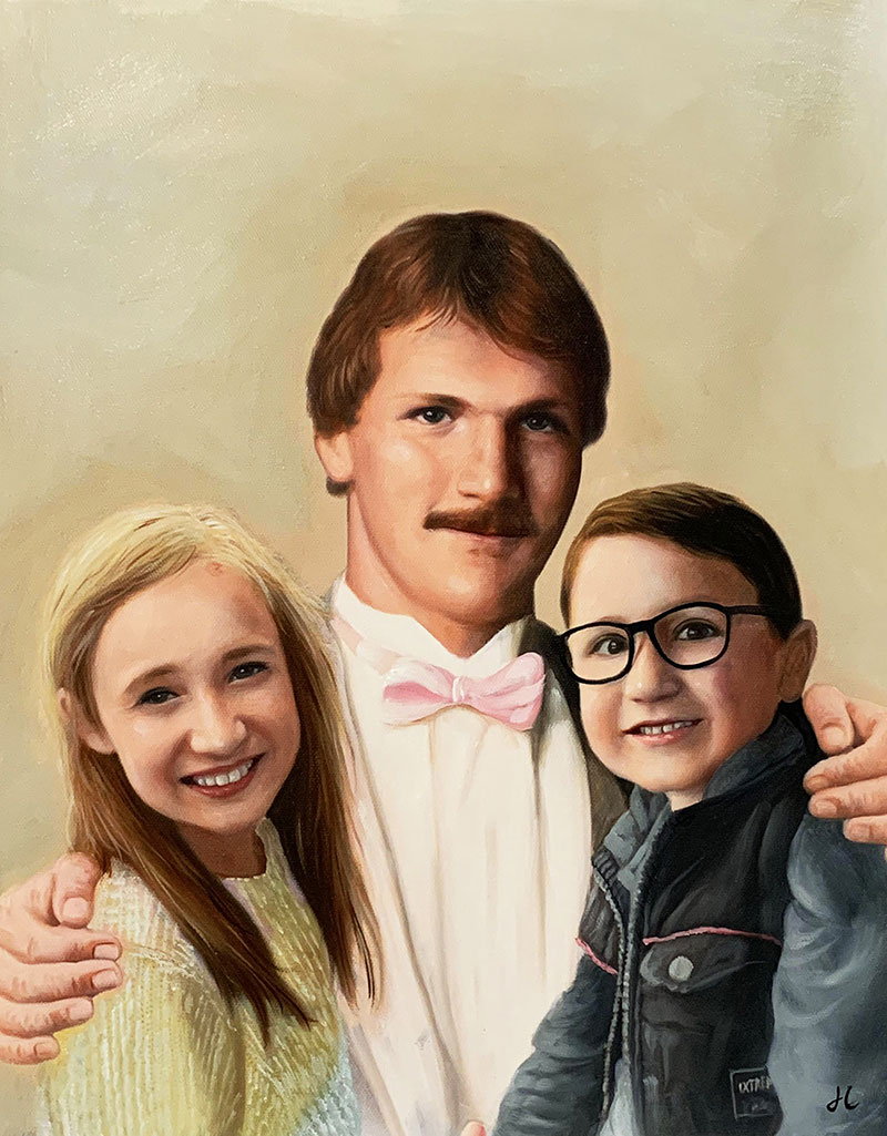 Beautiful handmade oil painting of a father and children