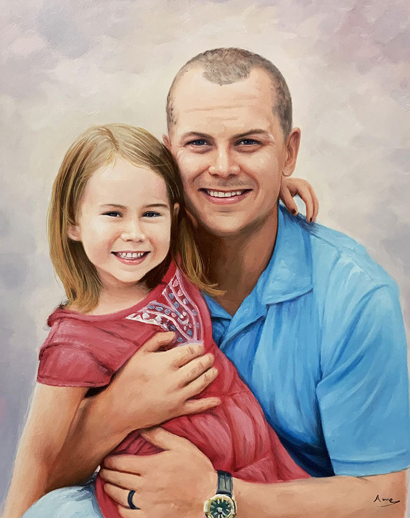 Beautiful handmade oil artwork of a father and a daughter
