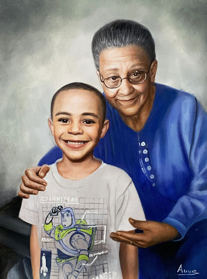 Beautiful oil artwork of a grandmother and a grandosn