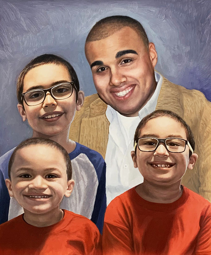Beautiful oil painting of a father with three children