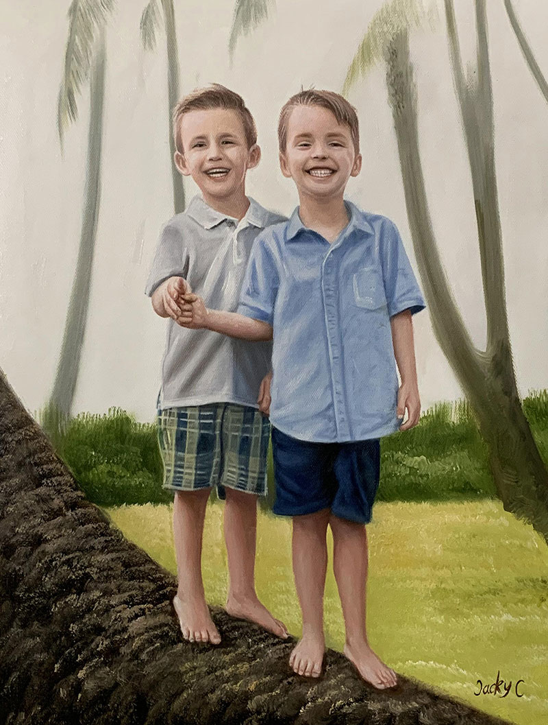 Beautiful handmade oil painting of two boys