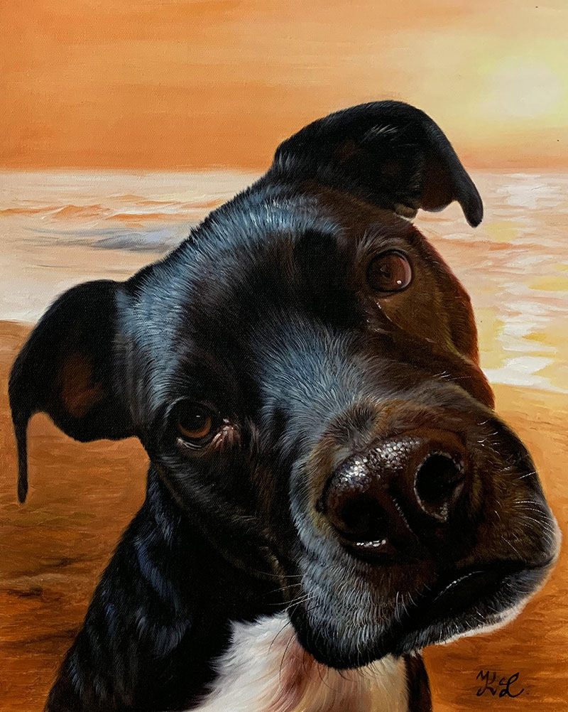 Custom close up oil painting of a black dog