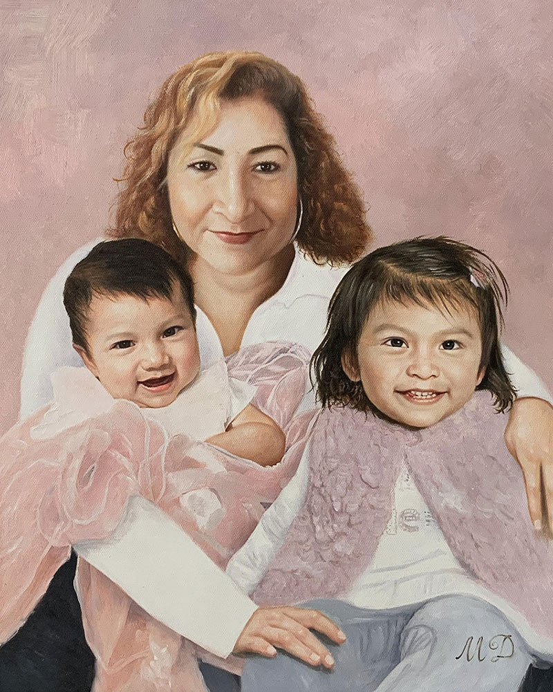 Personalized handmade oil artwork of a mother and children
