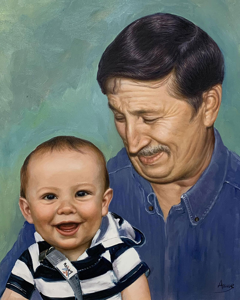 Beautiful oil painting of a grandfather and grand kid