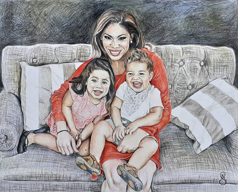 Gorgeous color pencil painting of a mother and children