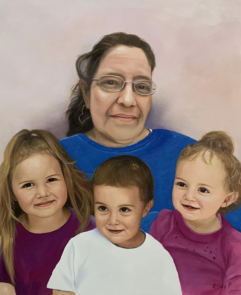 Beautiful oil painting of a woman with three kids