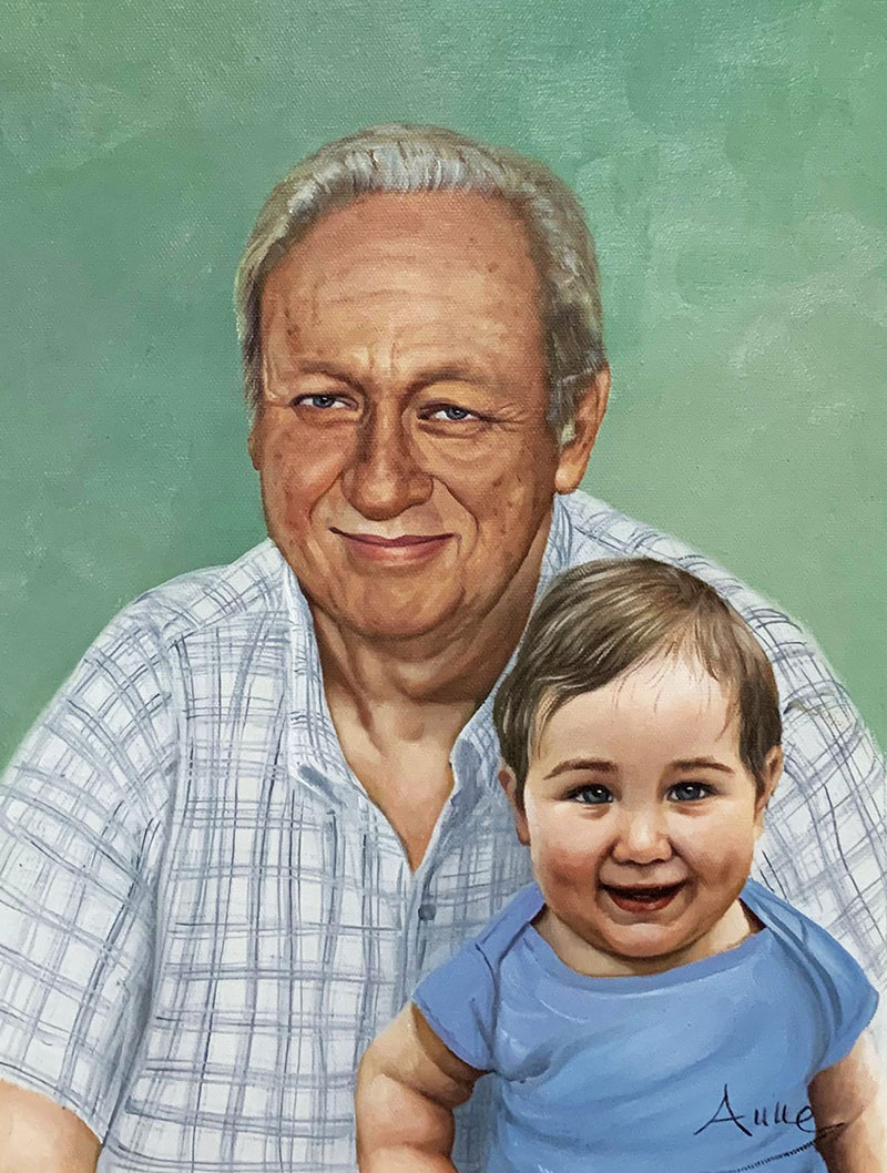 Beautiful oil artwork of a grandfather and a grandson