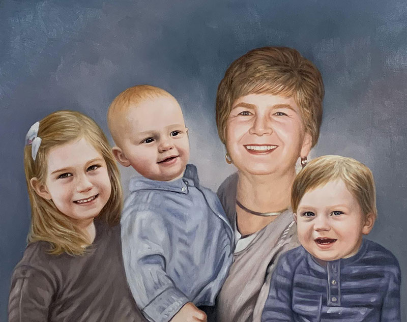Personalized oil portrait of a woman with three kids