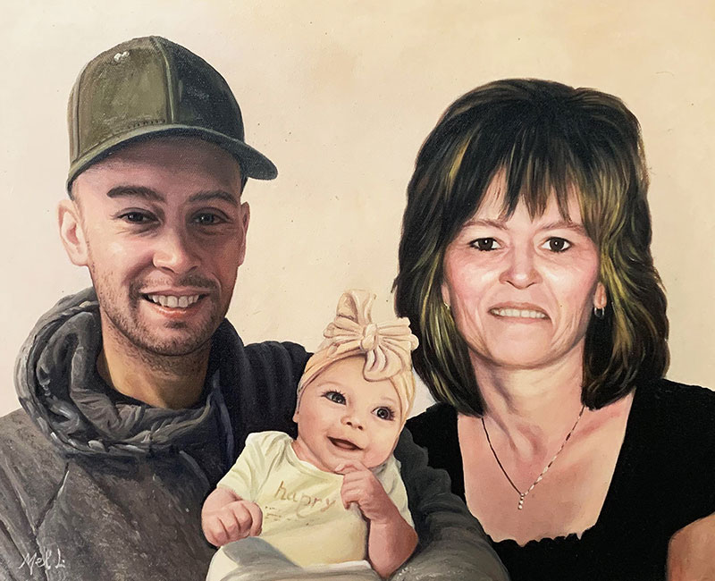 Painted portrait of a family: a man in a baseball cap, a woman, and a baby.