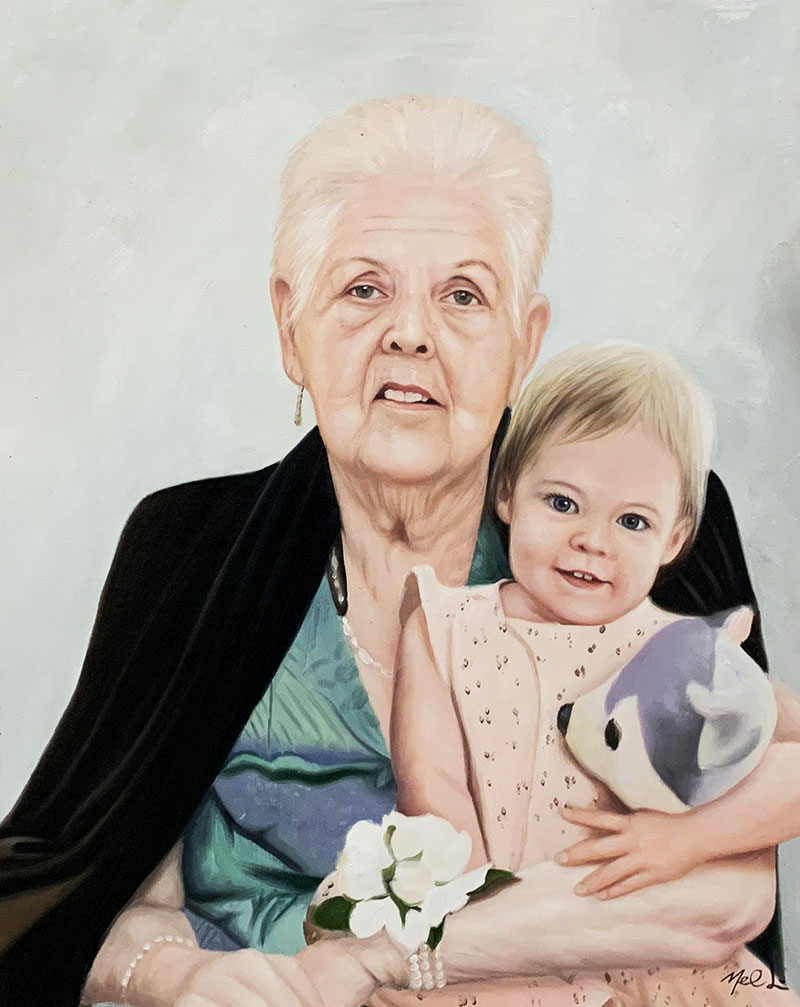 Beautiful oil portrait of a grandmother and a grandchild