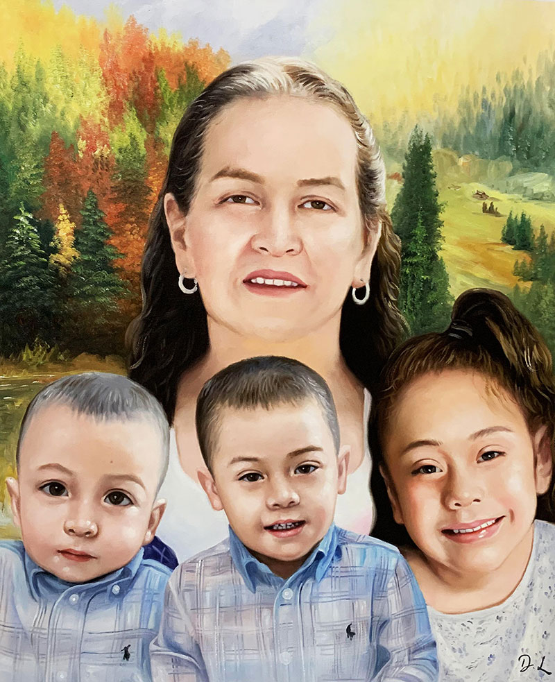 Beautiful acrylic painting of a woman with three kids