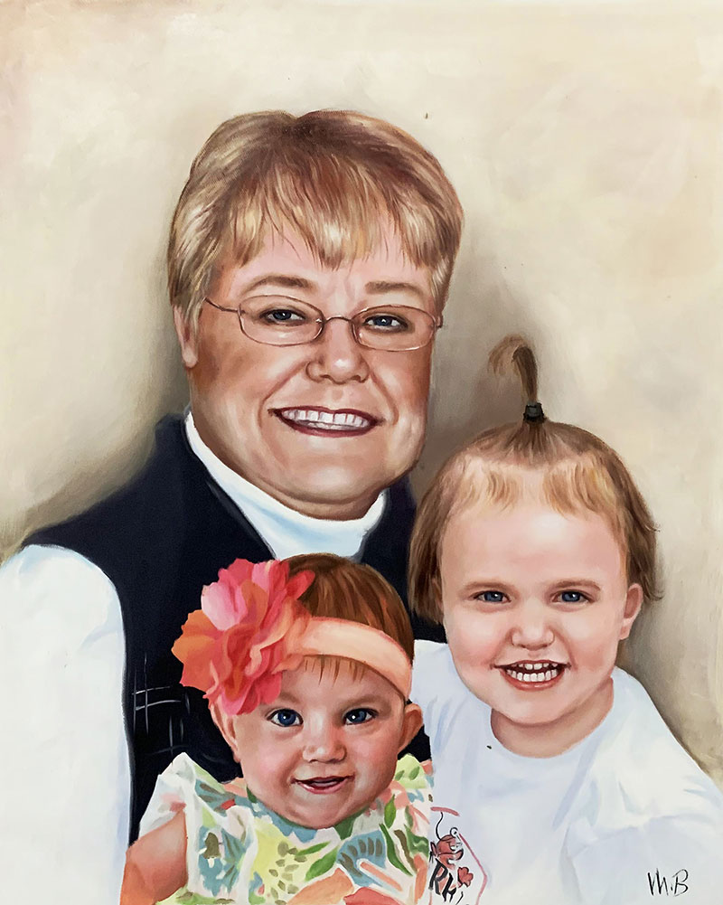 Custom oil painting of a grandmother with two grandkids