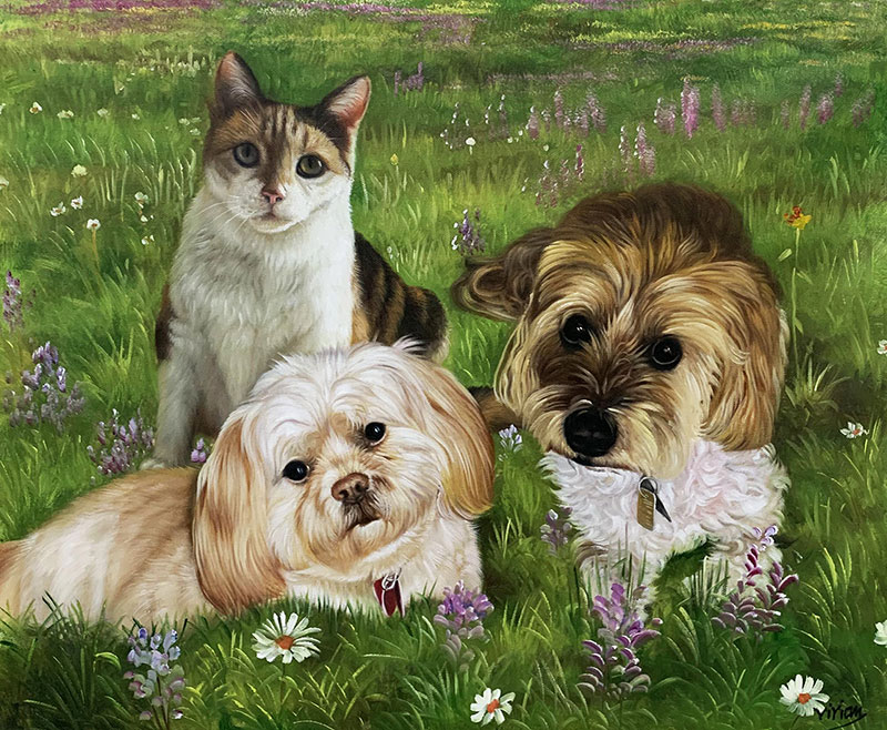 Custom acrylic painting of three pets