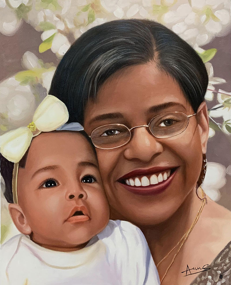 Gorgeous handmade oil portrait of mother and child