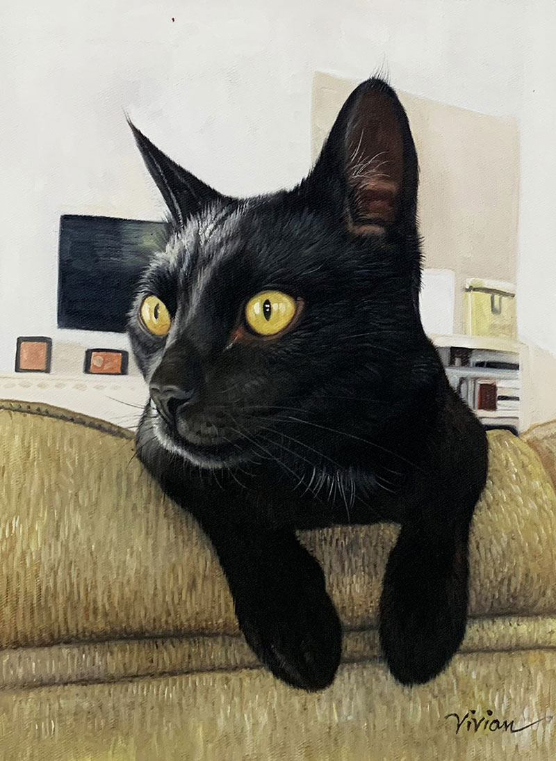 Beautiful oil artwork of a black cat with green eyes