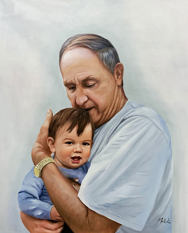 Custom oil artwork of a grandfather holding a little boy