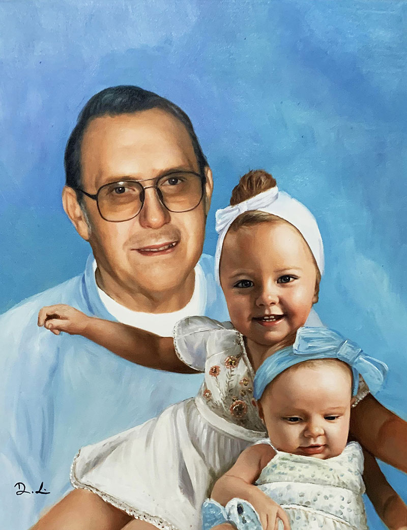 Gorgeous oil painting of a man with two little girls