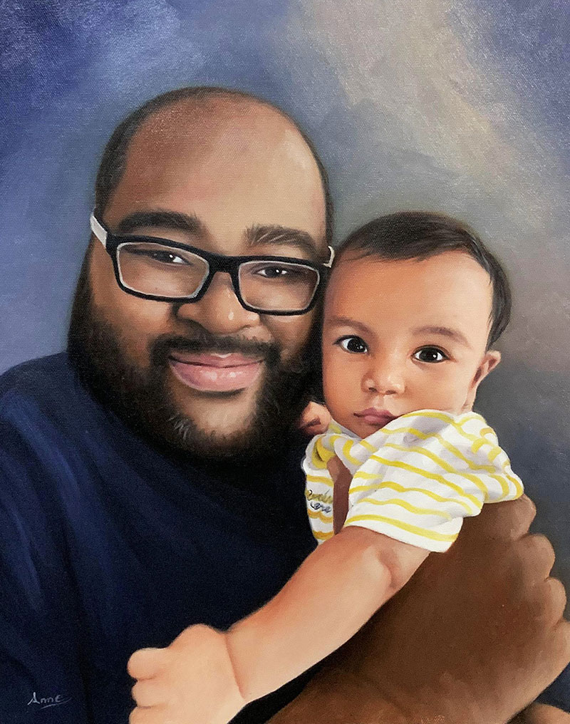 Beautiful oil painting of a man holding a baby