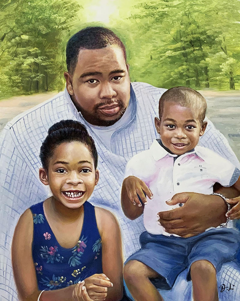 Custom oil painting of a man with two kids