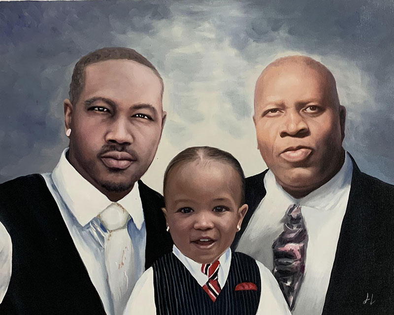 Painted portrait of two men and a young child.
