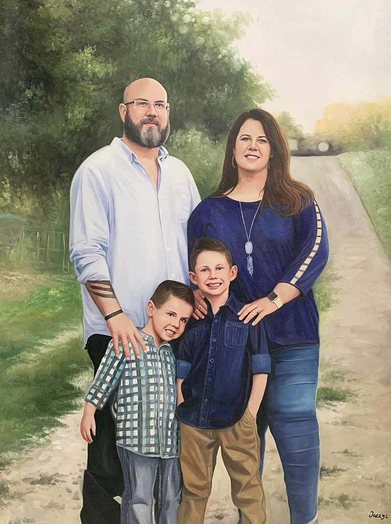 Family portrait painting: parents and two sons outdoors.