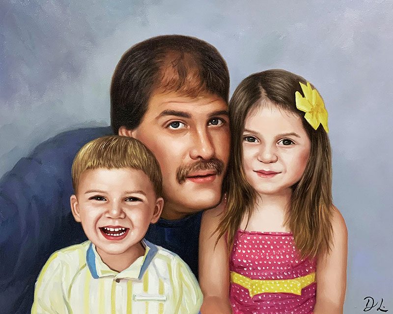 Oil painting of a father with his young son and daughter.