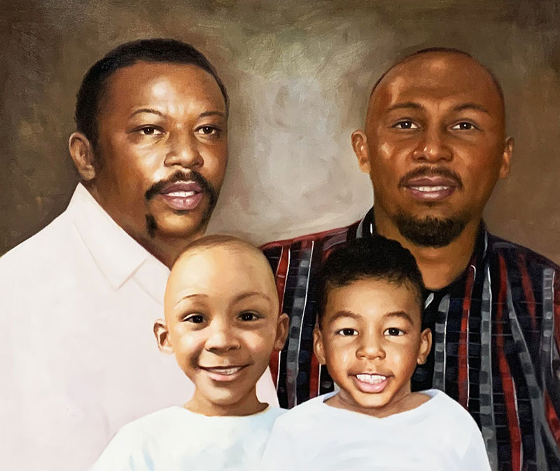 Custom acrylic artwork of two men with kids