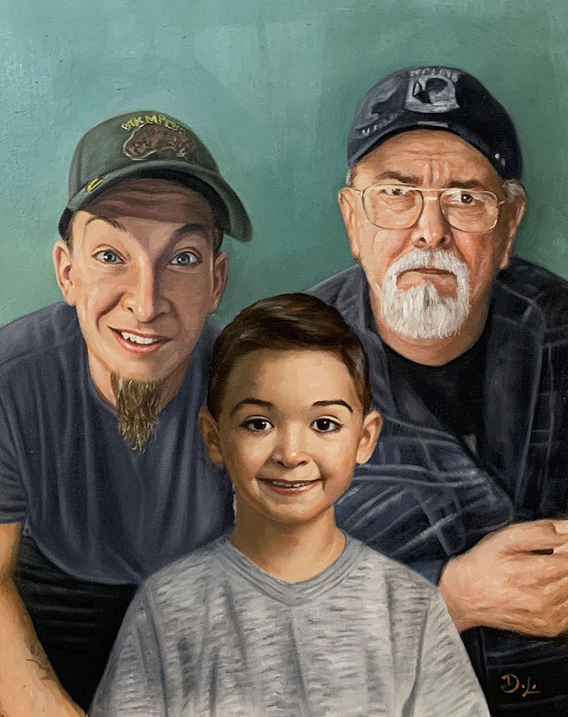 Beautiful acrylic painting of two adults with a child